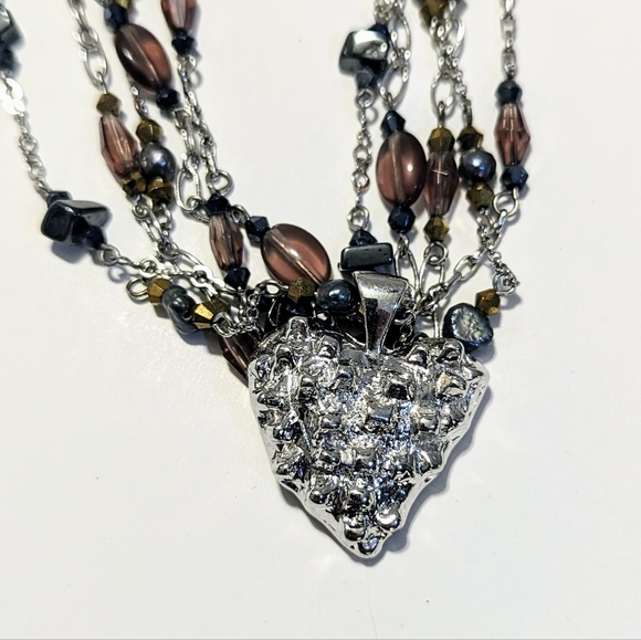 Multicolor 5 Chain Necklace with Silver Heart Pendant and Heart clasp closure - Picture 2 of 4